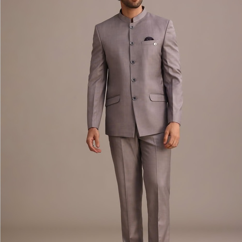 Purple/Grey Jodhpuri Set with Pocket Square